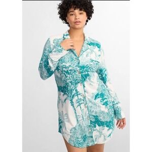 NWT KILO BRAVA Palm Toile Bamboo Knit Sleep Shirt In Green Long Sleeve Button Up